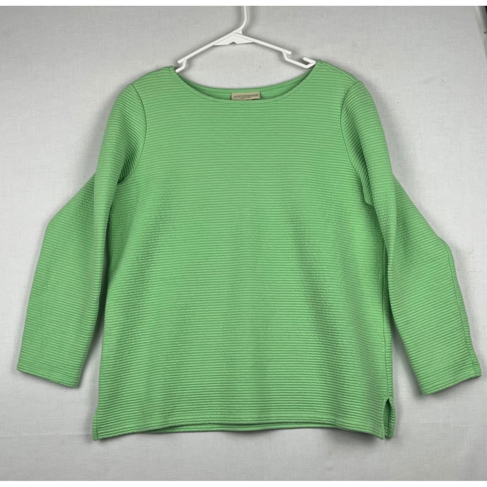 Appleseed's Petites Top Womens PM Ribbed Long Sleeve Boat Neck Green A44194